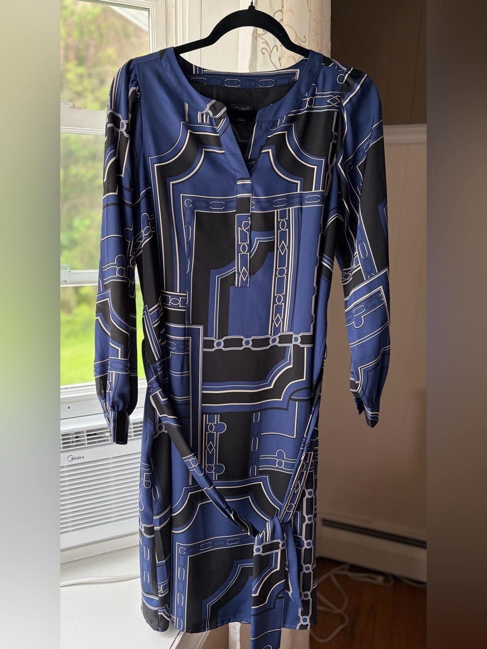 Ann Taylor Factory Blue Geometric Print Tie-Waist Dress Work Old Money Sz S EUC